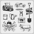 Set of farmer element. Farm tools, tractor, cow. Vector illustrations. Royalty Free Stock Photo