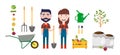 Set of farmer element.Man with a shovel and woman,wheelbarrow,watering can, Bag with earth.Vector illustration in a flat style Royalty Free Stock Photo