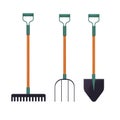 Set of farmer, gardening equipment in flat cartoon style, Planting tool kit isolated on white background. Cartoon rake