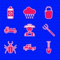 Set Farmer in the hat, Pickup truck, Shovel, Garden pitchfork, Insect fly, Bucket and sprayer fertilizer icon. Vector Royalty Free Stock Photo