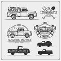 Set of farmers market emblems, logos and labels with pickup. Vector illustration. Royalty Free Stock Photo