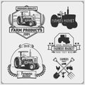 Set of farmers market emblems, logos and labels with tractor.