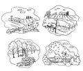 Set of farming icons, apple, cattle farm and vineyard vector illustration