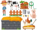 Set of farming items and farmer on white background