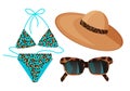 Set of fashion accessories from the sun. Summer set. Leopard blue swimsuit, hat and sunglasses.