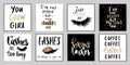 Set with fashion cards with inspiration quote about girls, lashes, makeup. Royalty Free Stock Photo