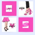 Set with fashion cards with inspiration quote about girls, shoes, fashion, high heels, shopping. Royalty Free Stock Photo