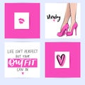 Set with fashion cards with inspiration quote about girls, shoes, fashion, high heels, shopping. Royalty Free Stock Photo