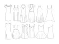 Set of Fashion Flat templates Sketches - Woman dresses - short and medium length