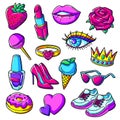 Set of fashion girlish patches. Colorful cute teenage illustration.