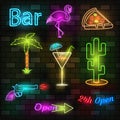 Set of fashion neon icons. Night bright signboard, Glowing light banner. Club or bar concept on dark background. Pink