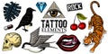 Set of Fashion patches. Tattoo artwork for Girls. Tiger and lips, skull and eye in the triangle. Engraved hand drawn in