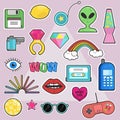 Set of fashion,pop art chic patches, badges,pins, stickers with elements 80s-90s comic style. Royalty Free Stock Photo