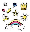 Set of fashion stickers with rainbow, star, crown, banana, sun, arrow and gemstone. Trendy patch badges, collection in comic style