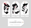 Set of fashion tags with beautiful black and white women wearing hats, sketch style, Paris, London, Milan business card, beauty gi