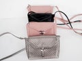 Set of fashionable bags of small and large sizes, pastel colors, black, metallic. Handmade bags on a white background