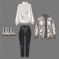 A set of fashionable beige jacket, white sweater, black jeans and beige boots. Basic wardrobe. Clothes, shoes, bags for every day. Royalty Free Stock Photo