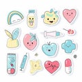 Set of fashionable children's stickers. Healthcare theme. Colorful funny labels after medical procedures. Generative Royalty Free Stock Photo