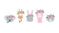 Set of fashionable vector animals in cartoon style. Cute smiley bunny, llama, cat, giraffe and koala faces, .in wreaths Royalty Free Stock Photo