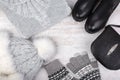 A set of fashionable winter women`s clothing. Wool sweater, shoes, handbag, fur hat and gloves on white background Royalty Free Stock Photo