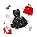 A set of fashionable women`s clothing and accessories. Dress, bag, shoes with heels, lipstick, perfume and glasses. Royalty Free Stock Photo