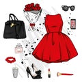 A set of fashionable women`s clothing and accessories. Dress, bag, shoes with heels, lipstick, perfume and glasses. Royalty Free Stock Photo