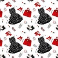 A set of fashionable women`s clothing and accessories. Dress, bag, shoes with heels, lipstick, perfume and glasses. Royalty Free Stock Photo