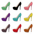 Set of fashionable women`s high-heeled shoes with different colors. Flat style. The design is suitable for icons Royalty Free Stock Photo