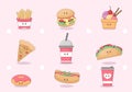 Set of Fast food Background Vector Illustration With Foods For Burger, Pizza, Donuts, French Fries, Hot Dog or Cola. Meal Royalty Free Stock Photo