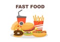 Set of Fast food Background Vector Illustration With Foods For Burger, Pizza, Donuts, French Fries, Hot Dog or Cola. Meal Royalty Free Stock Photo