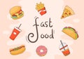 Set of Fast food Background Vector Illustration With Foods For Burger, Pizza, Donuts, French Fries, Hot Dog or Cola. Meal Royalty Free Stock Photo