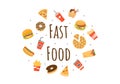 Set of Fast food Background Vector Illustration With Foods For Burger, Pizza, Donuts, French Fries, Hot Dog or Cola. Meal Royalty Free Stock Photo