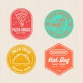 Set of fast food badges emblem logo banner for pizza, hamburger, tacos and hot dog restaurant.