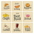 Set fast food and bubble. Vector color flat icon on dark Royalty Free Stock Photo
