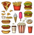 Set fast food. Coffee, hamburger, pizza, hotdog, fry potato, popcorn