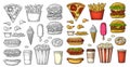 Set fast food. Coffee, hamburger, pizza, hotdog, fry potato, popcorn