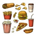 Set fast food. Cup cola, coffee, hamburger, pizza, hotdog, fry potato in paper box, carton bucket full popcorn and