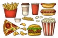 Set fast food. Coffee, hamburger, pizza, hotdog, fry potato, popcorn