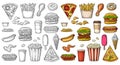 Set fast food. Coffee, hamburger, pizza, hotdog, fry potato, popcorn Royalty Free Stock Photo