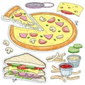 Set fast food, cut pizza, sandwich, cheese, mushrooms and sauces