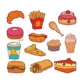 Set of Fast food doodles with hand drawn vector illustration, such us drink, burger, hotdog and other Royalty Free Stock Photo