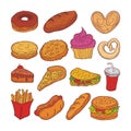 Set of Fast food doodles with hand drawn vector illustration, such us drink, burger, hotdog and other Royalty Free Stock Photo