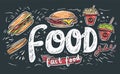 Set of fast food doodles. Vector illustration. Perfect for menu or food package design. Royalty Free Stock Photo