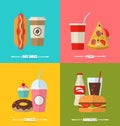 Set fast food and drink, flat colorful simple Royalty Free Stock Photo