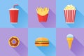 Set of fast food flat icons with long shadow. Vector illustration. Royalty Free Stock Photo