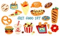 A set of fast food food, highlighted on a white background. Cartoon fast food, unhealthy burger sandwich, hamburger Royalty Free Stock Photo