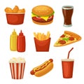 Set fast food icon. Cup cola, chips, burrito, hamburger, pizza fried chicken legs symbol for fast food delivery or takeaway packag