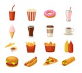 Set fast food icon. Cup cola, hamburger, pizza, burrito Royalty Free Stock Photo