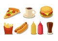 Set fast food icon. Glass of cola, hamburger, pizza, hotdog, cup coffee, fries potato in red paper box, bottles of ketchup and mus