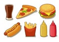 Set fast food icon. Glass of cola, hamburger, pizza, hotdog, fries potato in red paper box, bottles of ketchup